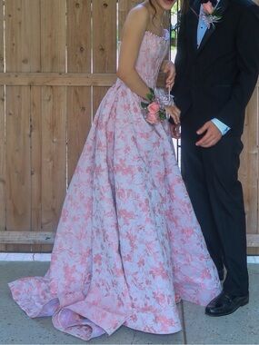 Elegant Pink Floral Strapless Prom Dress